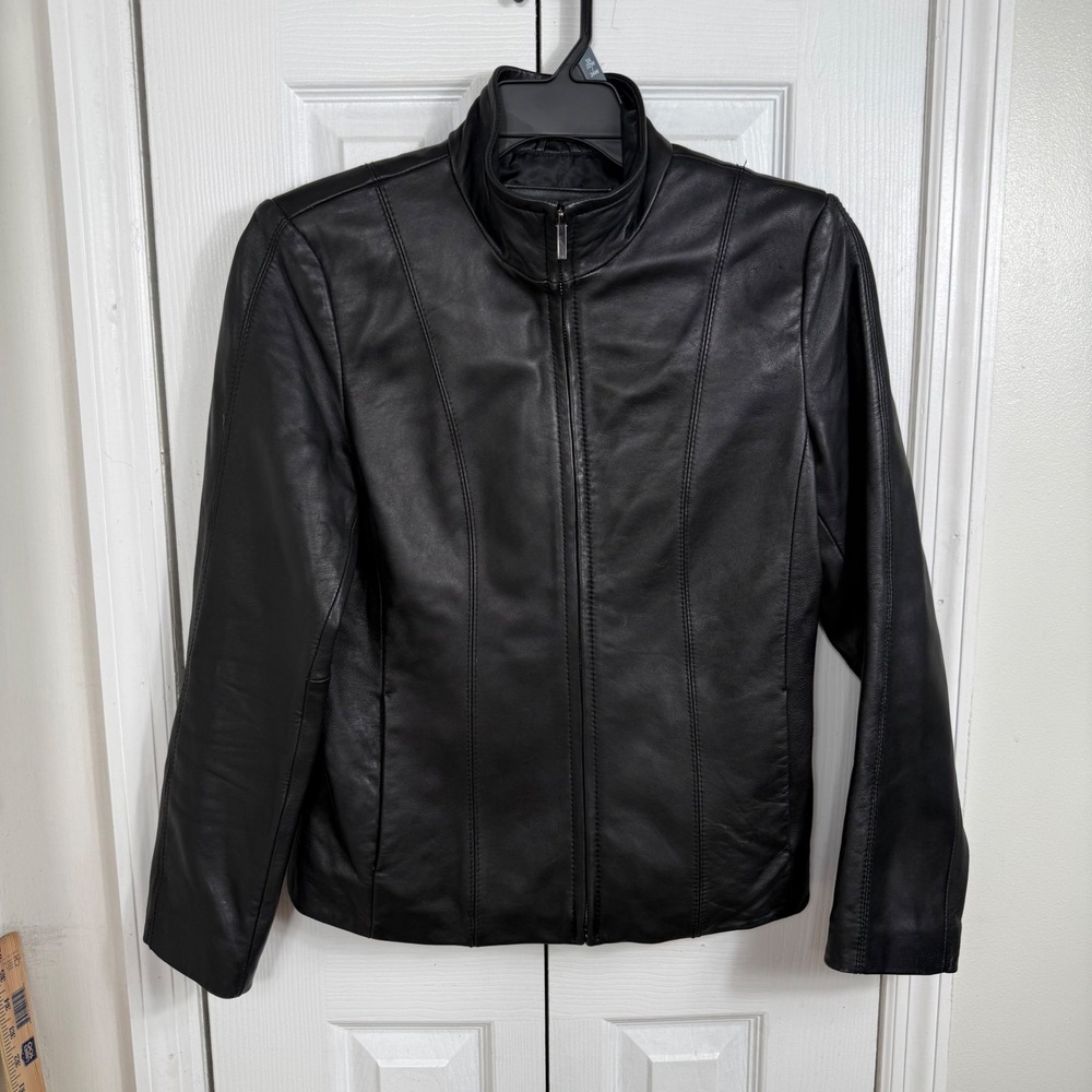 Colebrook Essentials Leather Jacket Size M Black Minimalist Y2K Biker Mock Neck